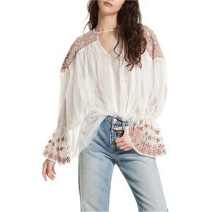 Free People Joyride Mesh Tulle Embroidered Sheer Blouse Bobo Fairy Festival XS